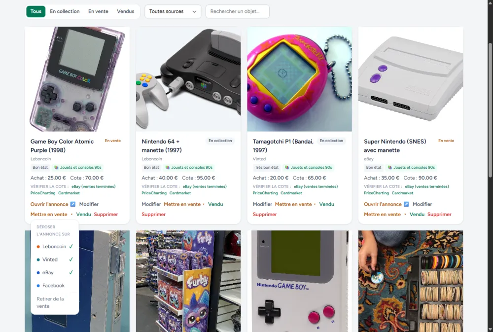 Menu de mise en vente : dépôt de l'annonce sur Leboncoin, Vinted et eBay cochés.