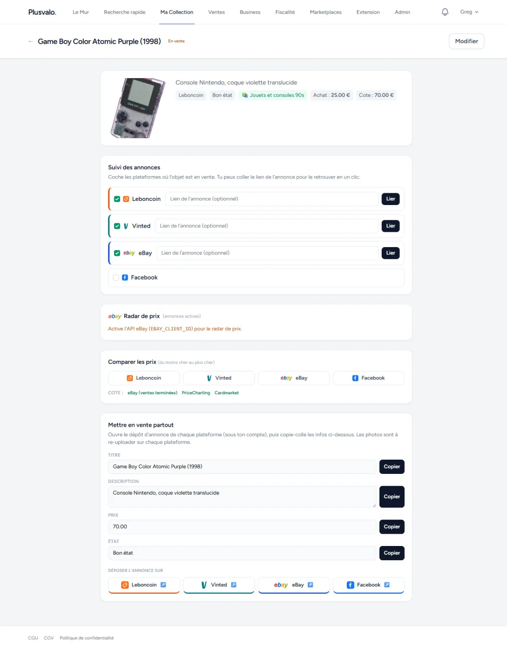 Fiche objet avec comparateur de prix et repères de cote eBay, PriceCharting et Cardmarket.
