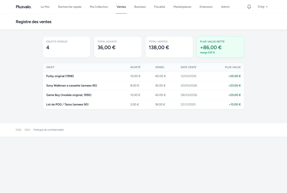 Registre des ventes de Plusvalo avec plus-value nette par objet.